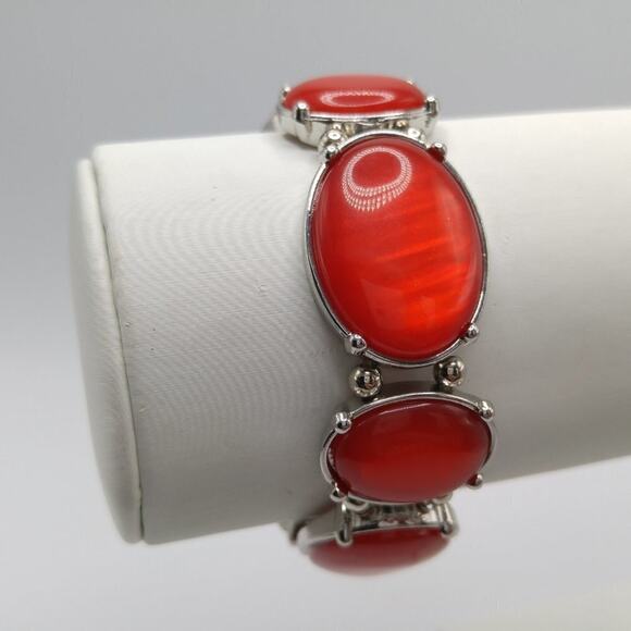 Red Lucite Cabochon Stretch Bracelet, Silver Tone, 7 Inches - Picture 4 of 9